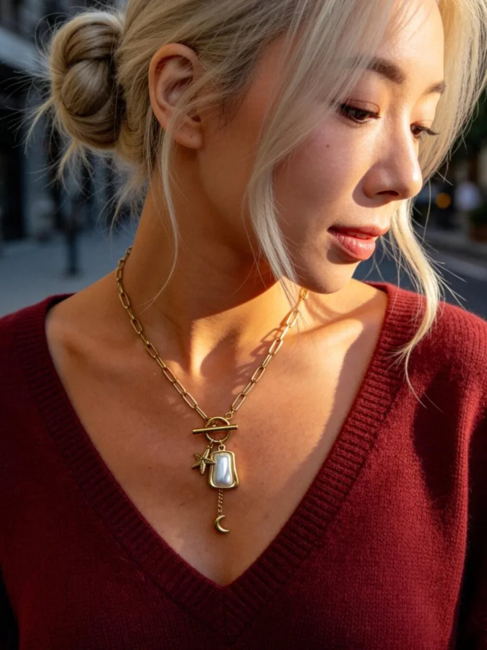 Gold Starfish Moon Charm Necklace Stainless Steel - Picture 10 of 13